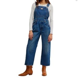Free People NWT Deep Trance Overalls Cropped Straight Leg Blue Size Small